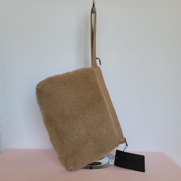 VIAVENETO Delilah Curly Lambskin Shearling Large Pouch/Wristlet- Camel color - Picture 5 of 16